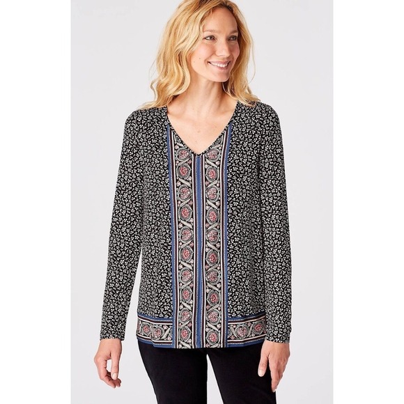 J. Jill Floral Print Long Sleeve V-Neck Boho Blouse Top Sz M Black Multi Stretch - Picture 1 of 12